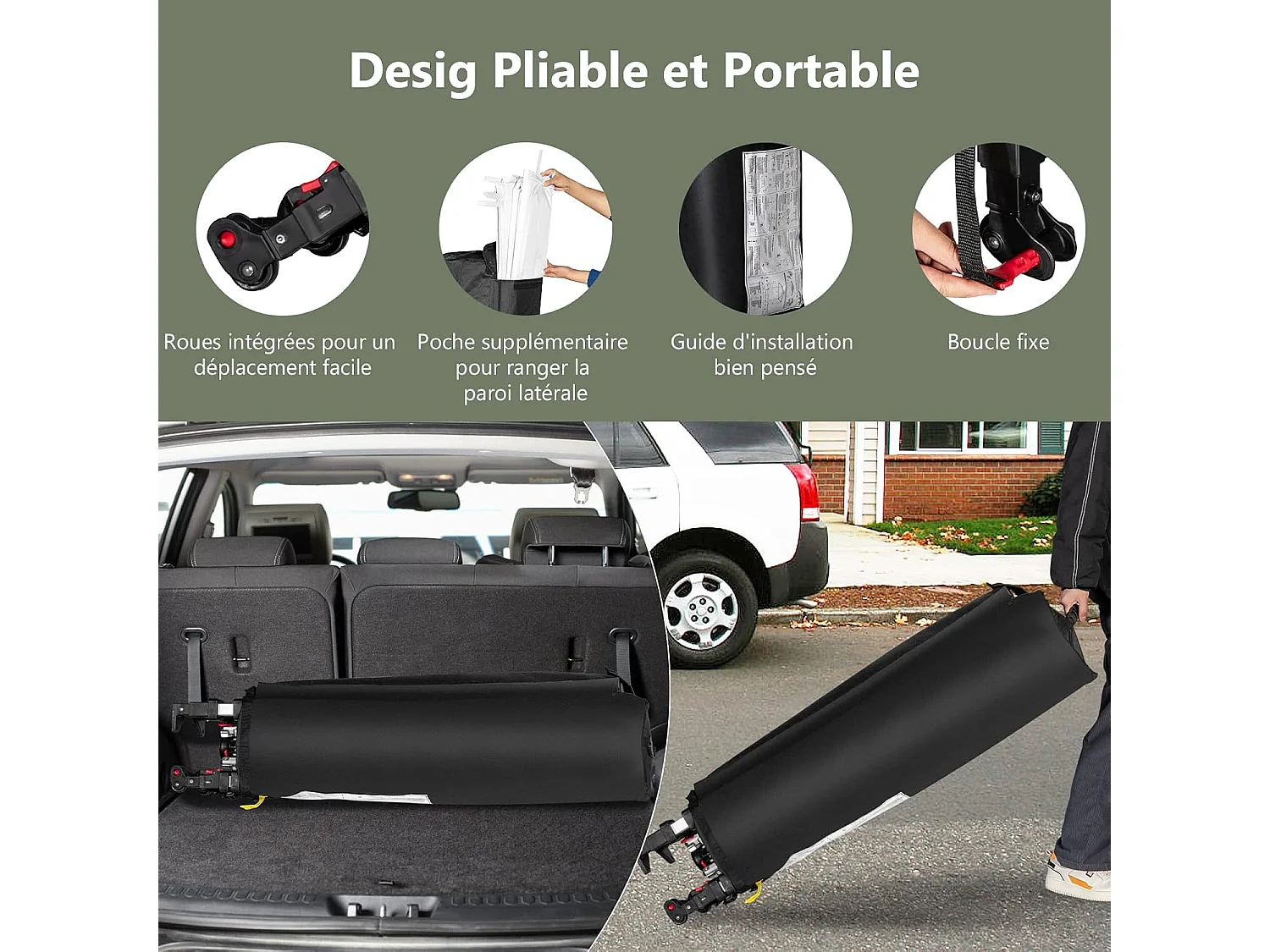 Tonnelle pop-up 3x3 m avec Paroi Latérale, Pavillon de Jardin Pliable avec Barres Transversales Suspendues, Bandes bannières et Sac à Roulettes, Protection UV 50+ (Blanc)