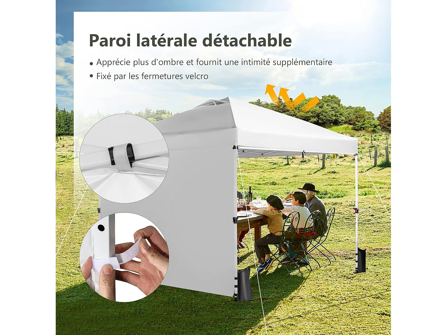 Tonnelle pop-up 3x3 m avec Paroi Latérale, Pavillon de Jardin Pliable avec Barres Transversales Suspendues, Bandes bannières et Sac à Roulettes, Protection UV 50+ (Blanc)