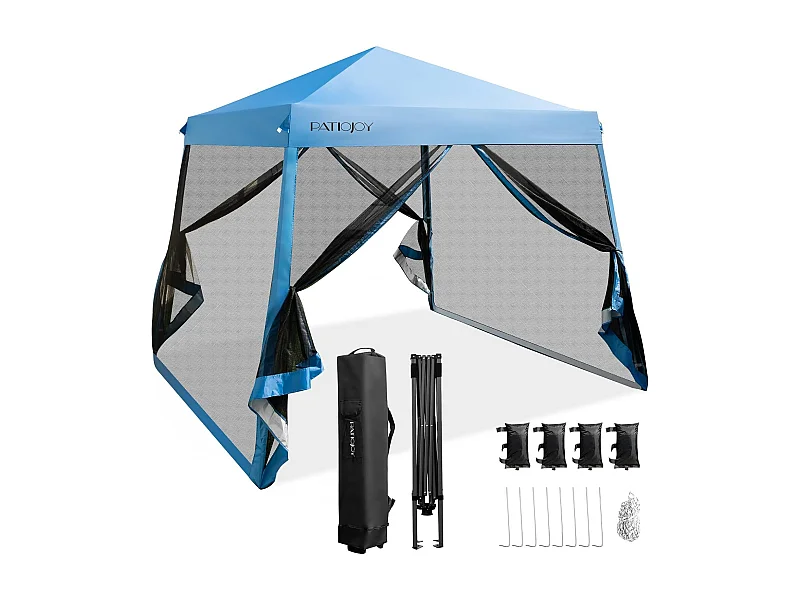 3M x 3M opvouwbare paviljoen, waterdichte UV-bescherming/in hoogte verstelbare tent met gaaswanden, draagtas voor terras, kamperen (blauw)