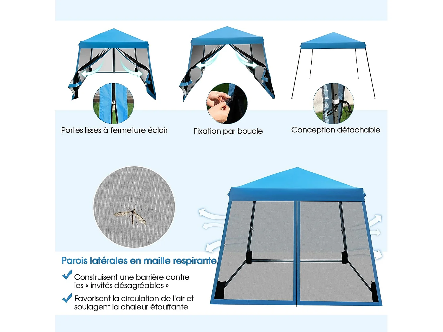 Tonnelle Pliante 3 M x 3 M Imperméable Protection UV/Tente Réglable en Hauteur avec Parois en Maille Sac de Transport pour Patio, Camping (Bleu)