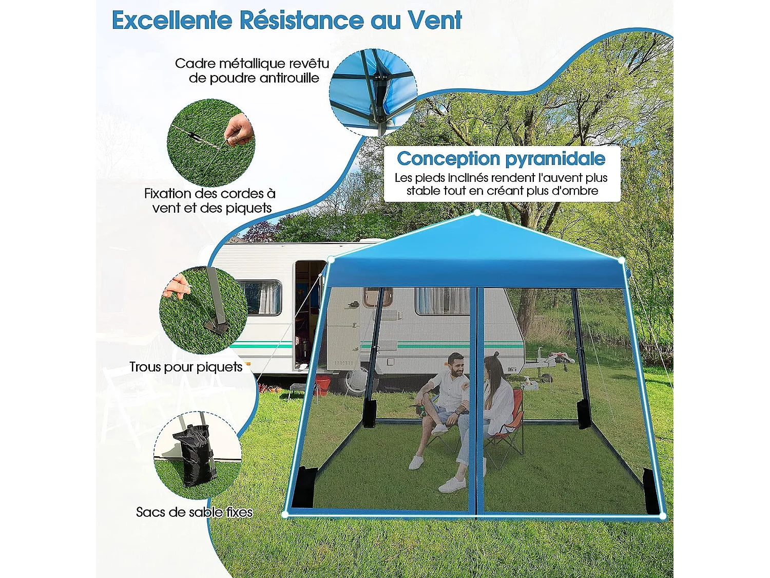 Tonnelle Pliante 3 M x 3 M Imperméable Protection UV/Tente Réglable en Hauteur avec Parois en Maille Sac de Transport pour Patio, Camping (Bleu)