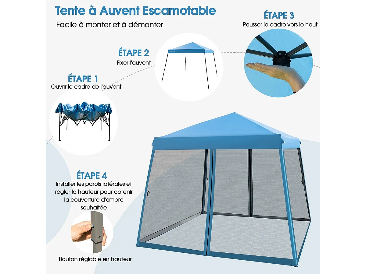 Tonnelle Pliante 3 M x 3 M Imperméable Protection UV/Tente Réglable en Hauteur avec Parois en Maille Sac de Transport pour Patio, Camping (Bleu)