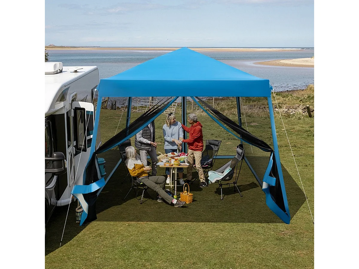 Tonnelle Pliante 3 M x 3 M Imperméable Protection UV/Tente Réglable en Hauteur avec Parois en Maille Sac de Transport pour Patio, Camping (Bleu)