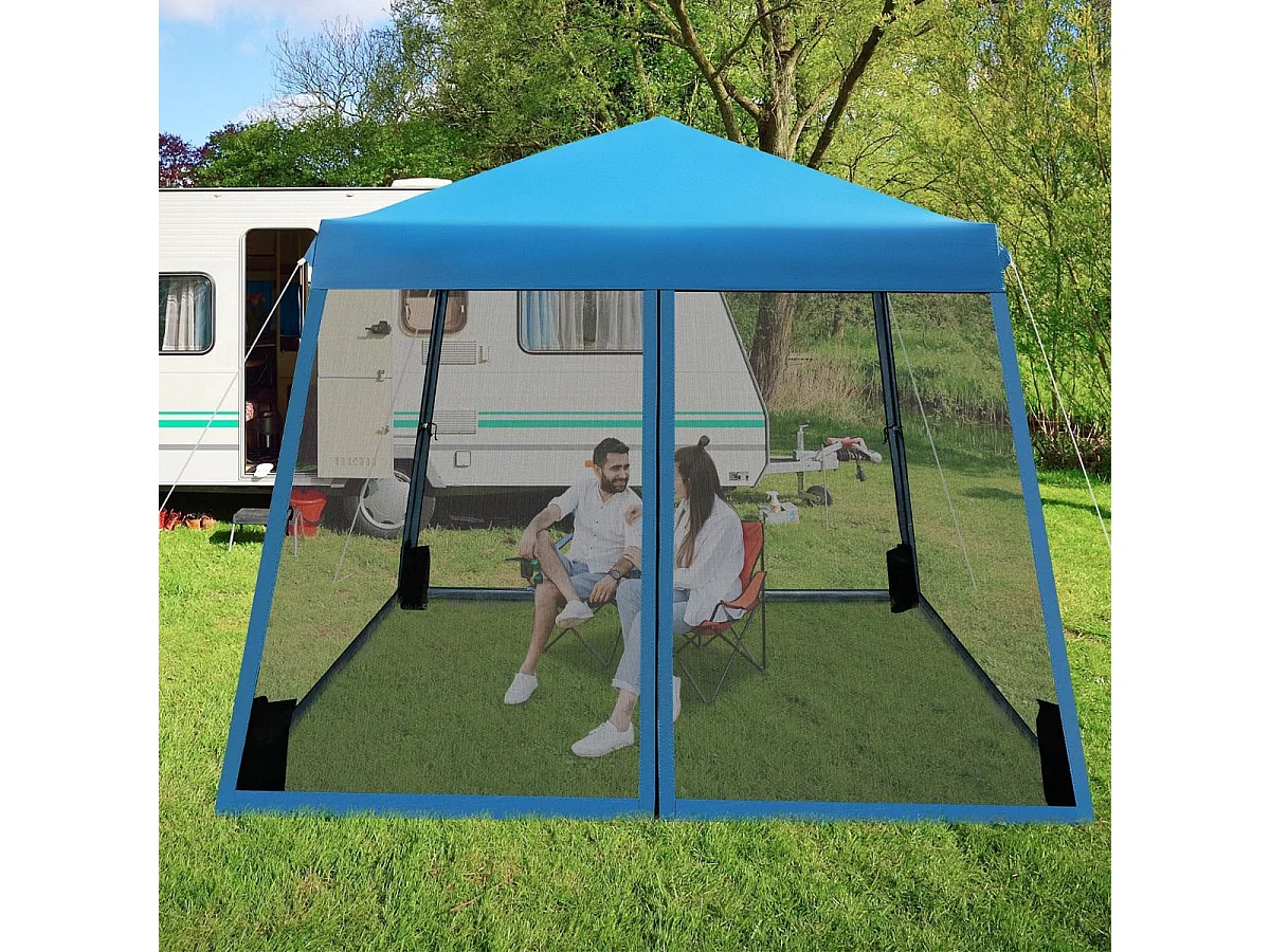 Tonnelle Pliante 3 M x 3 M Imperméable Protection UV/Tente Réglable en Hauteur avec Parois en Maille Sac de Transport pour Patio, Camping (Bleu)