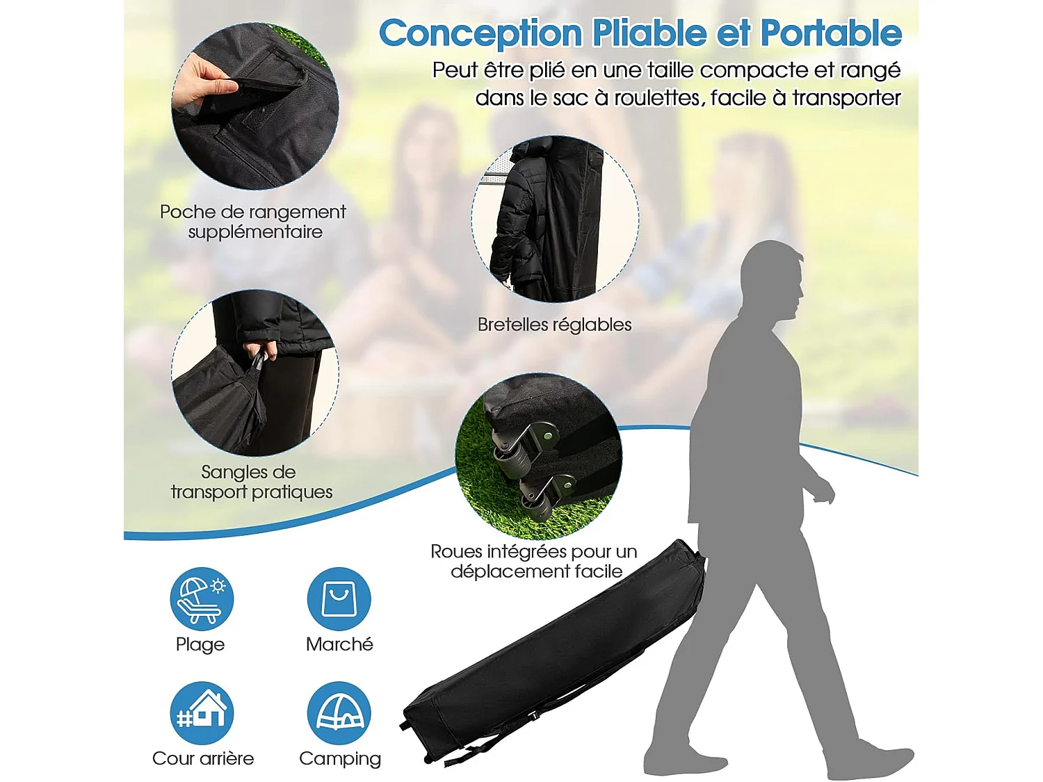 Tonnelle Pliante 3 M x 3 M Imperméable Protection UV/Tente Réglable en Hauteur avec Parois en Maille Sac de Transport pour Patio, Camping (Bleu)