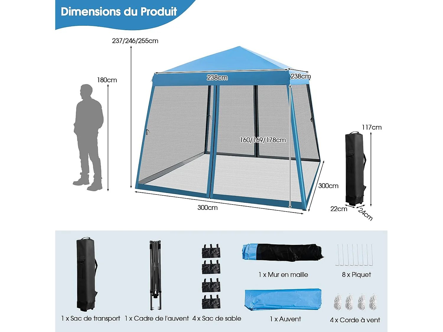 Tonnelle Pliante 3 M x 3 M Imperméable Protection UV/Tente Réglable en Hauteur avec Parois en Maille Sac de Transport pour Patio, Camping (Bleu)