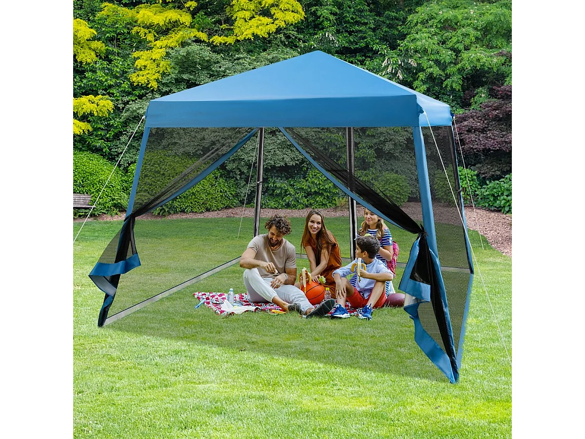 Tonnelle Pliante 3 M x 3 M Imperméable Protection UV/Tente Réglable en Hauteur avec Parois en Maille Sac de Transport pour Patio, Camping (Bleu)