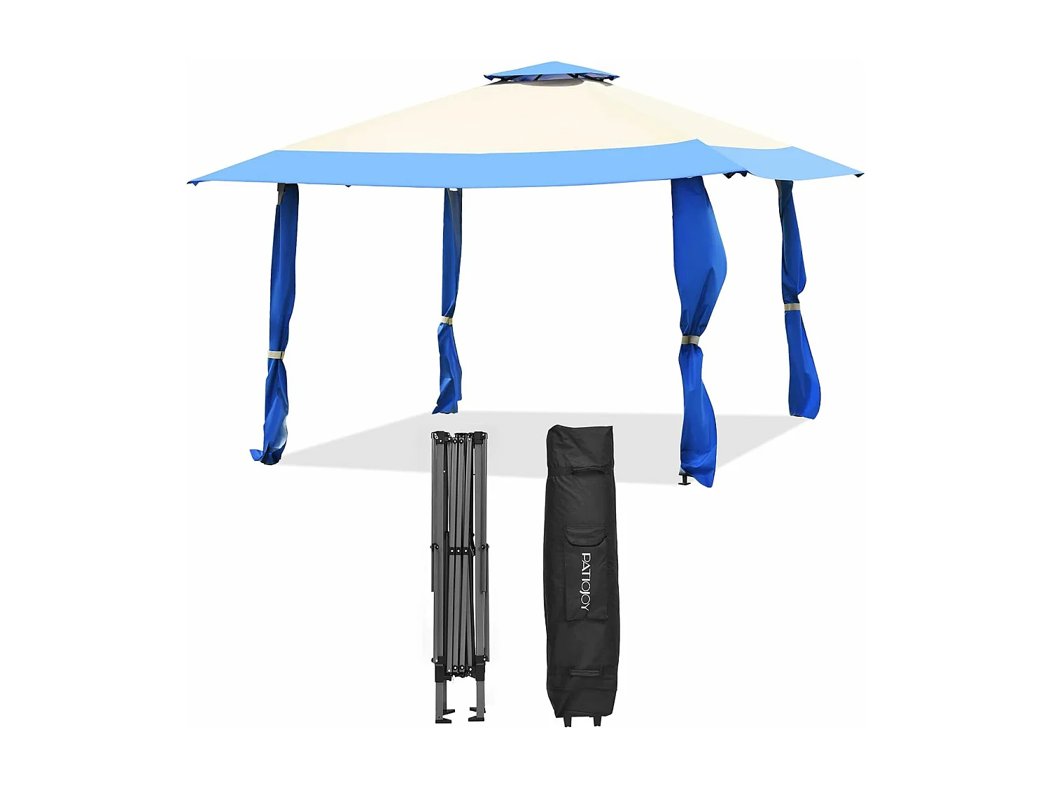 Tonnelle Barnum de Jardin Pliante Pop-up 3,95x3,95M 2 Toit Ventilés Tissu et velours Oxford 3 Hauteurs Réglable Sac de Rangement Bleu