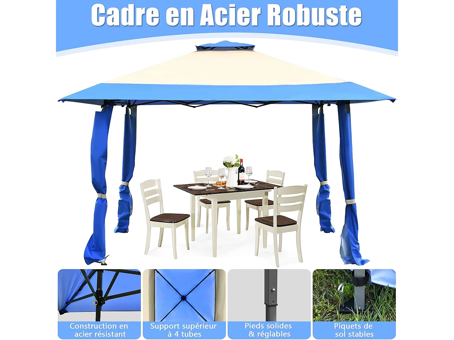 Tonnelle Barnum de Jardin Pliante Pop-up 3,95x3,95M 2 Toit Ventilés Tissu et velours Oxford 3 Hauteurs Réglable Sac de Rangement Bleu