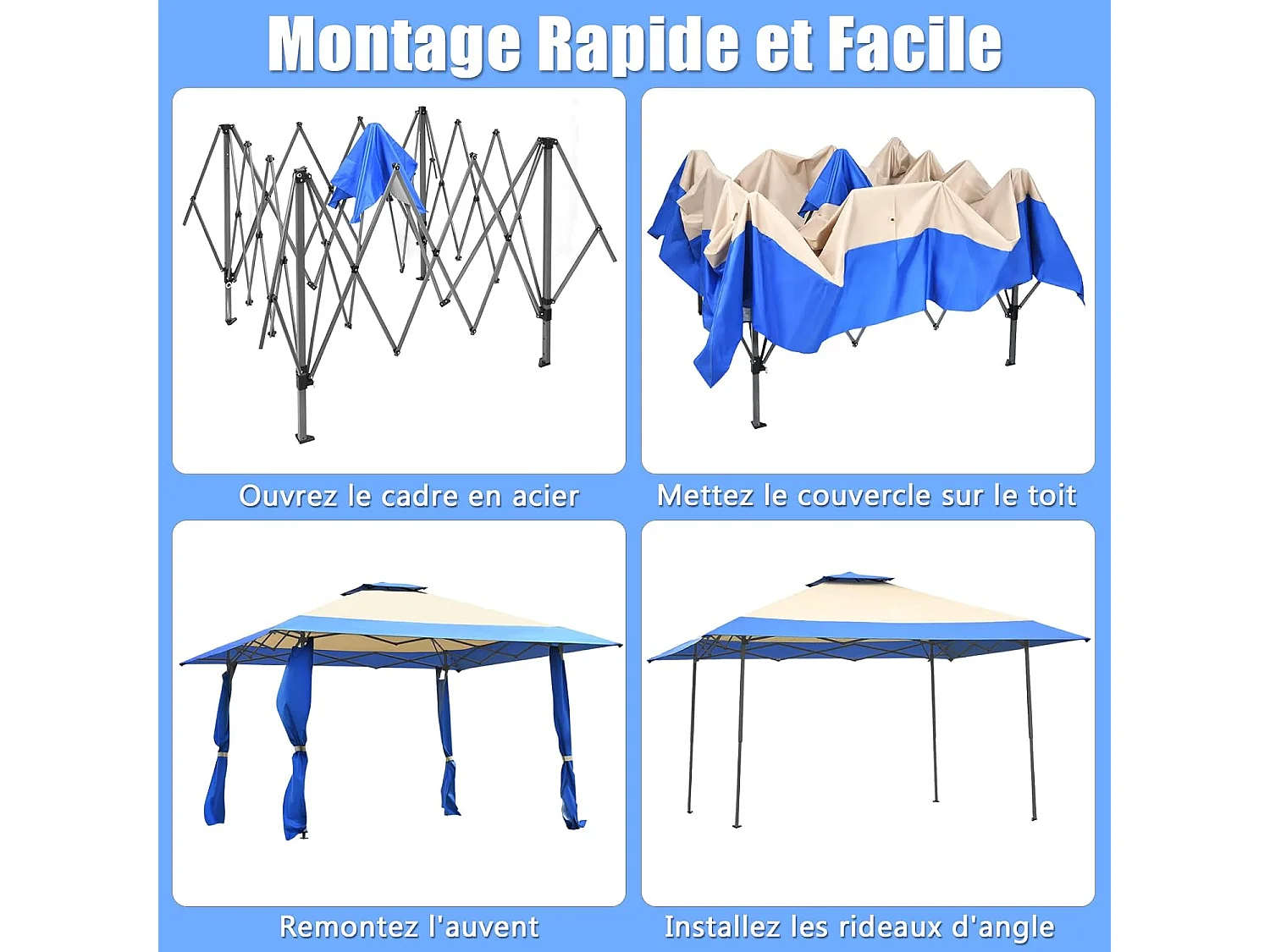 Tonnelle Barnum de Jardin Pliante Pop-up 3,95x3,95M 2 Toit Ventilés Tissu et velours Oxford 3 Hauteurs Réglable Sac de Rangement Bleu