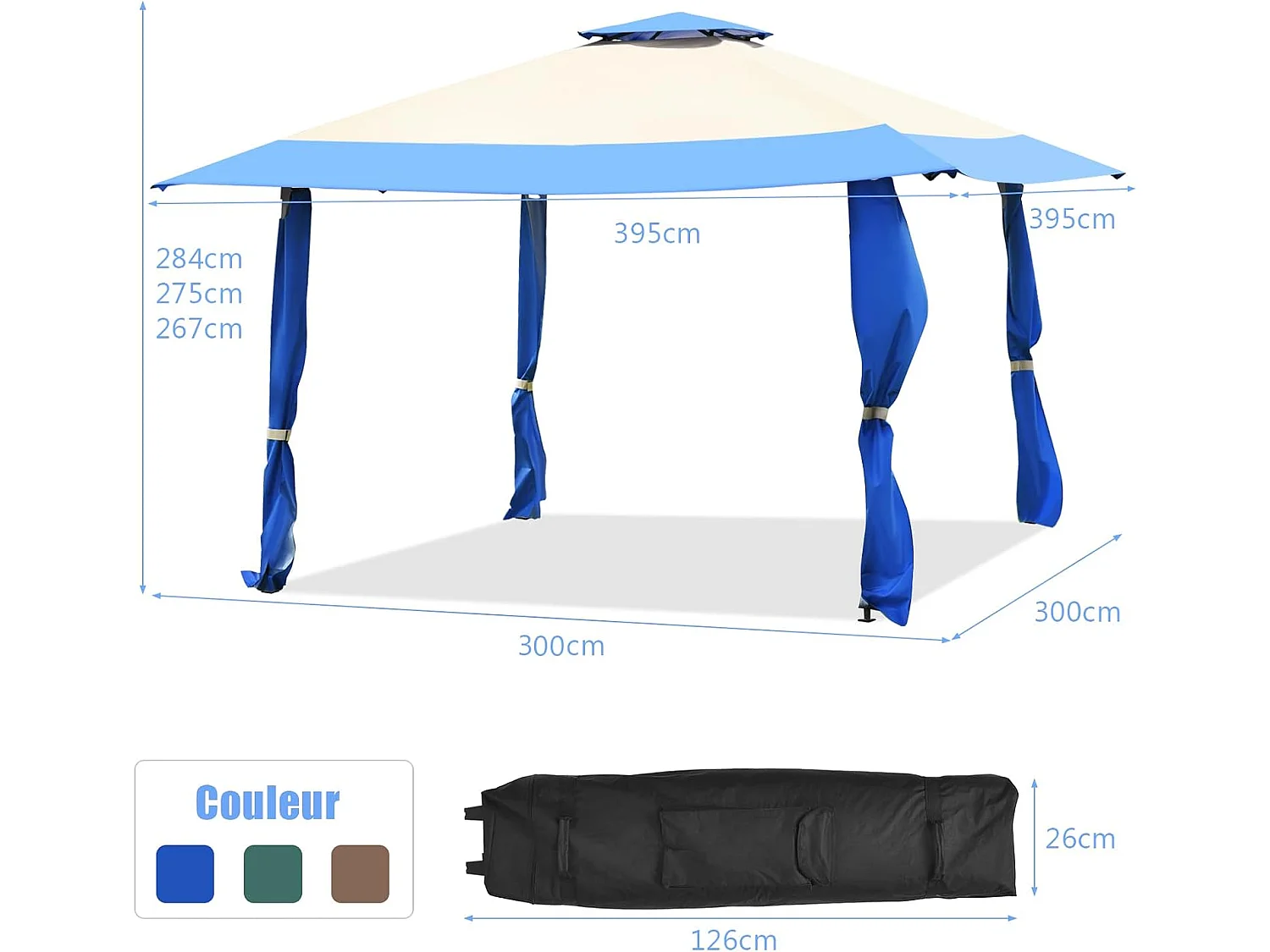 Tonnelle Barnum de Jardin Pliante Pop-up 3,95x3,95M 2 Toit Ventilés Tissu et velours Oxford 3 Hauteurs Réglable Sac de Rangement Bleu