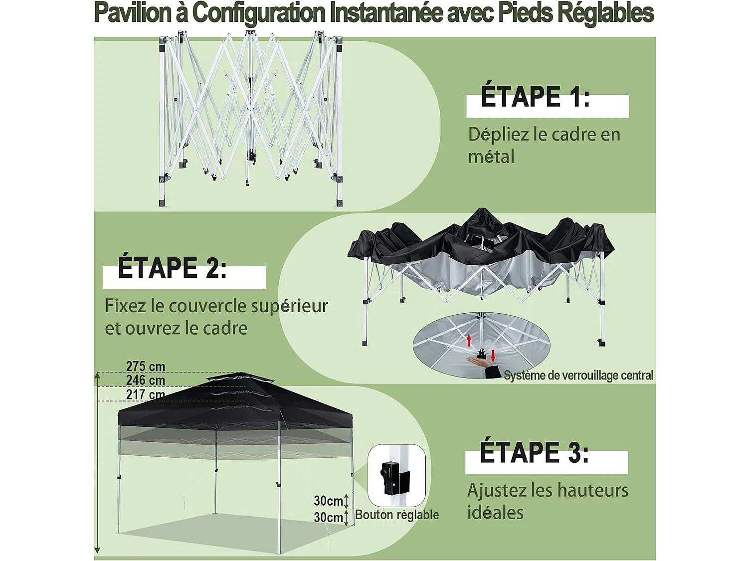 Tonnelle de Jardin Instantanée 305x305cm Toit Double Ventilé, Tente de Jardin Anti-UV Imperméable à 3 Hauteurs