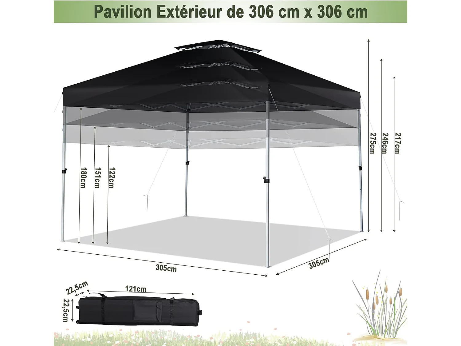 Tonnelle de Jardin Instantanée 305x305cm Toit Double Ventilé, Tente de Jardin Anti-UV Imperméable à 3 Hauteurs