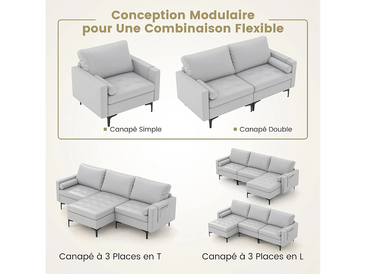 Canapé 1 Places, Canapé d'angle avec Sac de Porte-Revue Latéral, Coussins et Oreiller Cylindrique Inclus, Canapé Moderne pour Salon, Chambre, Bureau