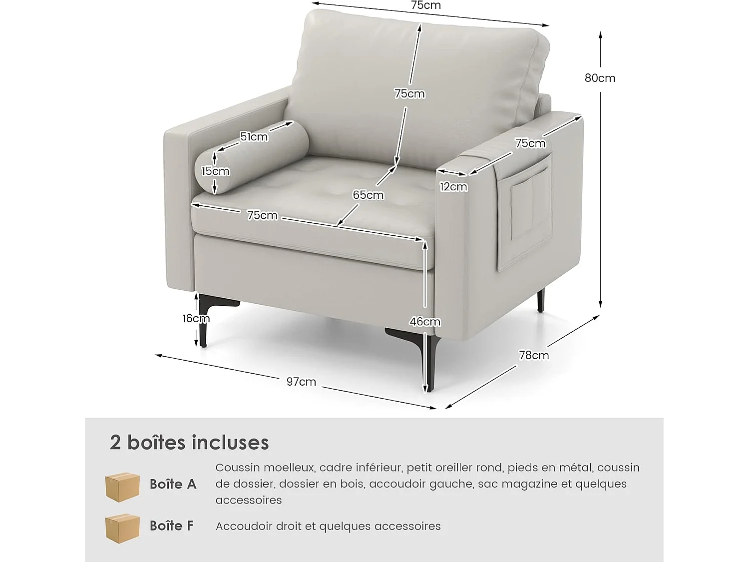 Canapé 1 Places, Canapé d'angle avec Sac de Porte-Revue Latéral, Coussins et Oreiller Cylindrique Inclus, Canapé Moderne pour Salon, Chambre, Bureau