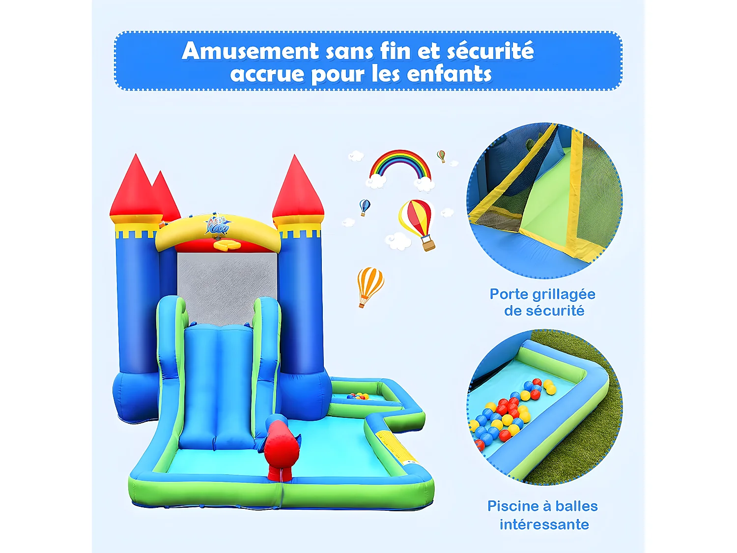 Château Gonflable pour Enfants 6-en-1 avec Souffleur 450W Toboggan Pataugeoire Balles à Piscine Sac et Kit de Réparation