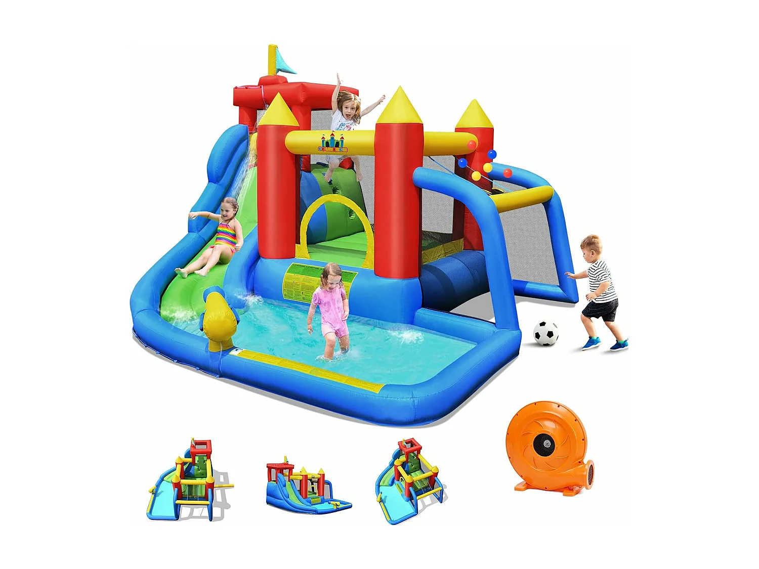 Château Gonflable 7 en 1 avec Souffleur 450W Toboggan Aquatique Aire de Saut Mur d'Escalade Kit de Réparation Tissu et velours Oxford