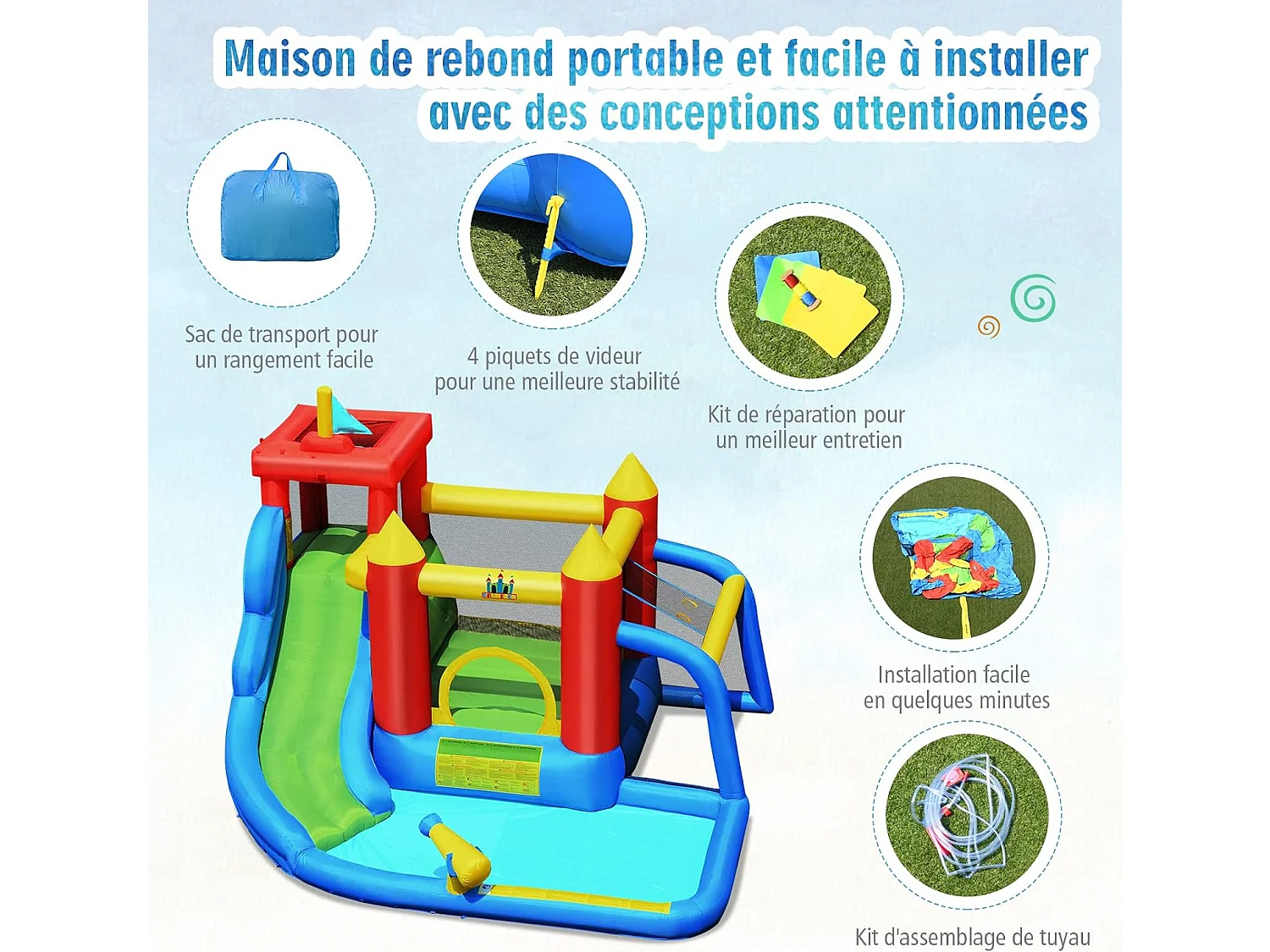 Château Gonflable 7 en 1 avec Souffleur 450W Toboggan Aquatique Aire de Saut Mur d'Escalade Kit de Réparation Tissu et velours Oxford