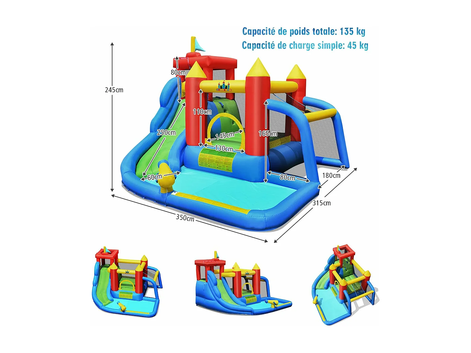 Château Gonflable 7 en 1 avec Souffleur 450W Toboggan Aquatique Aire de Saut Mur d'Escalade Kit de Réparation Tissu et velours Oxford