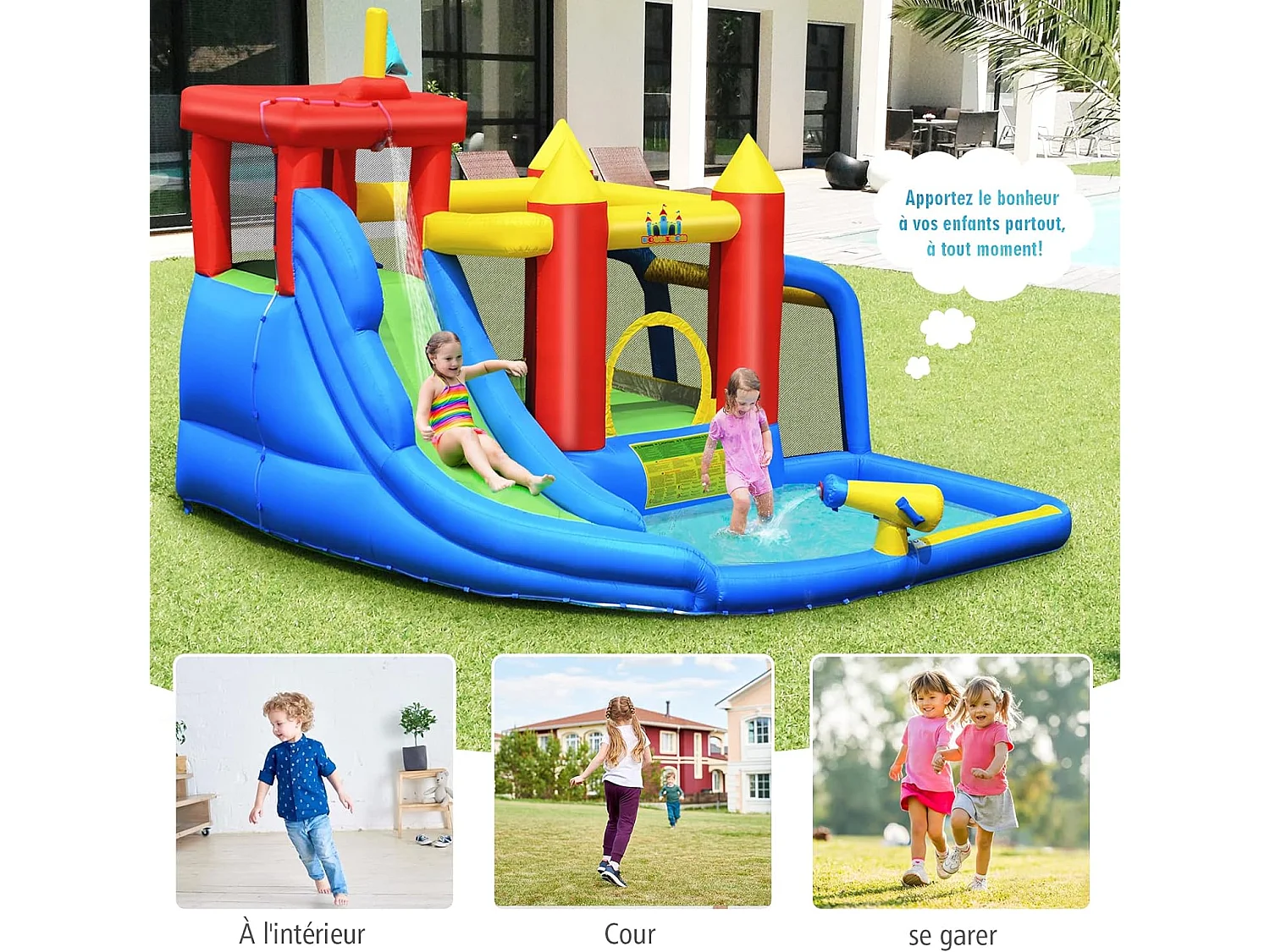 Château Gonflable 7 en 1 avec Souffleur 450W Toboggan Aquatique Aire de Saut Mur d'Escalade Kit de Réparation Tissu et velours Oxford