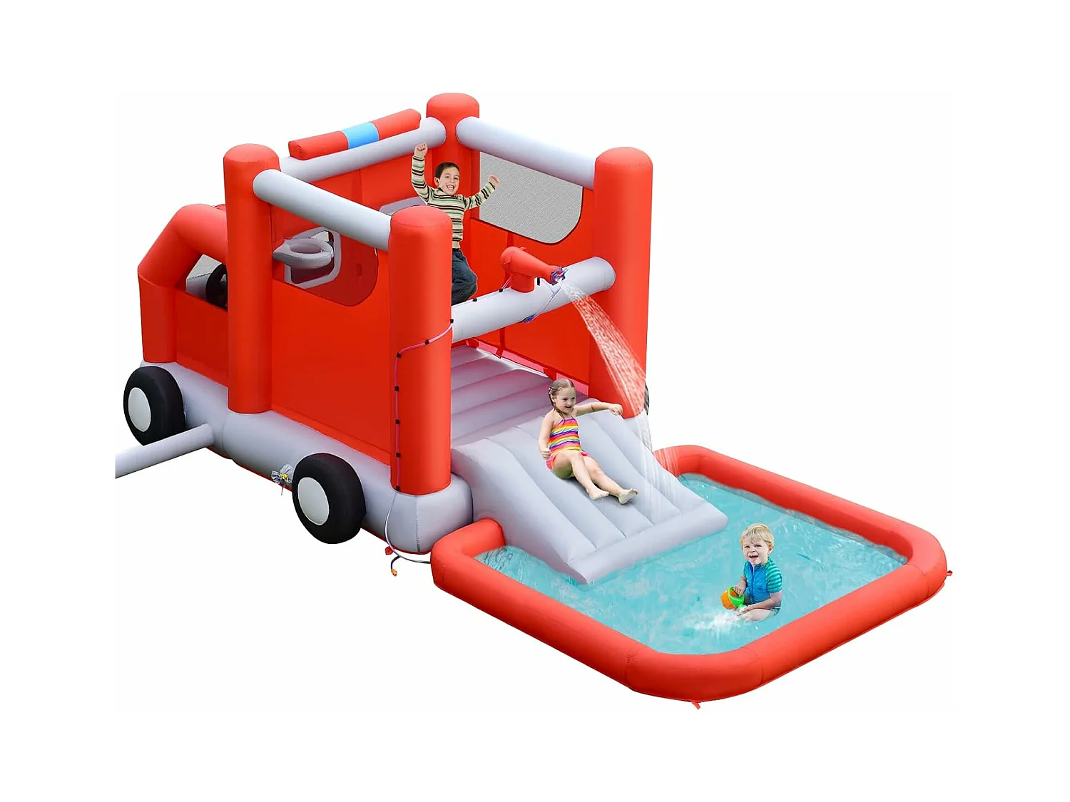 Toboggan Aquatique Gonflable pour Enfants sur Le Thème Voiture de Pompiers avec Piscine à Eclaboussures, Zone de Rebond,Ballon de Basket（sans Gonfleur)