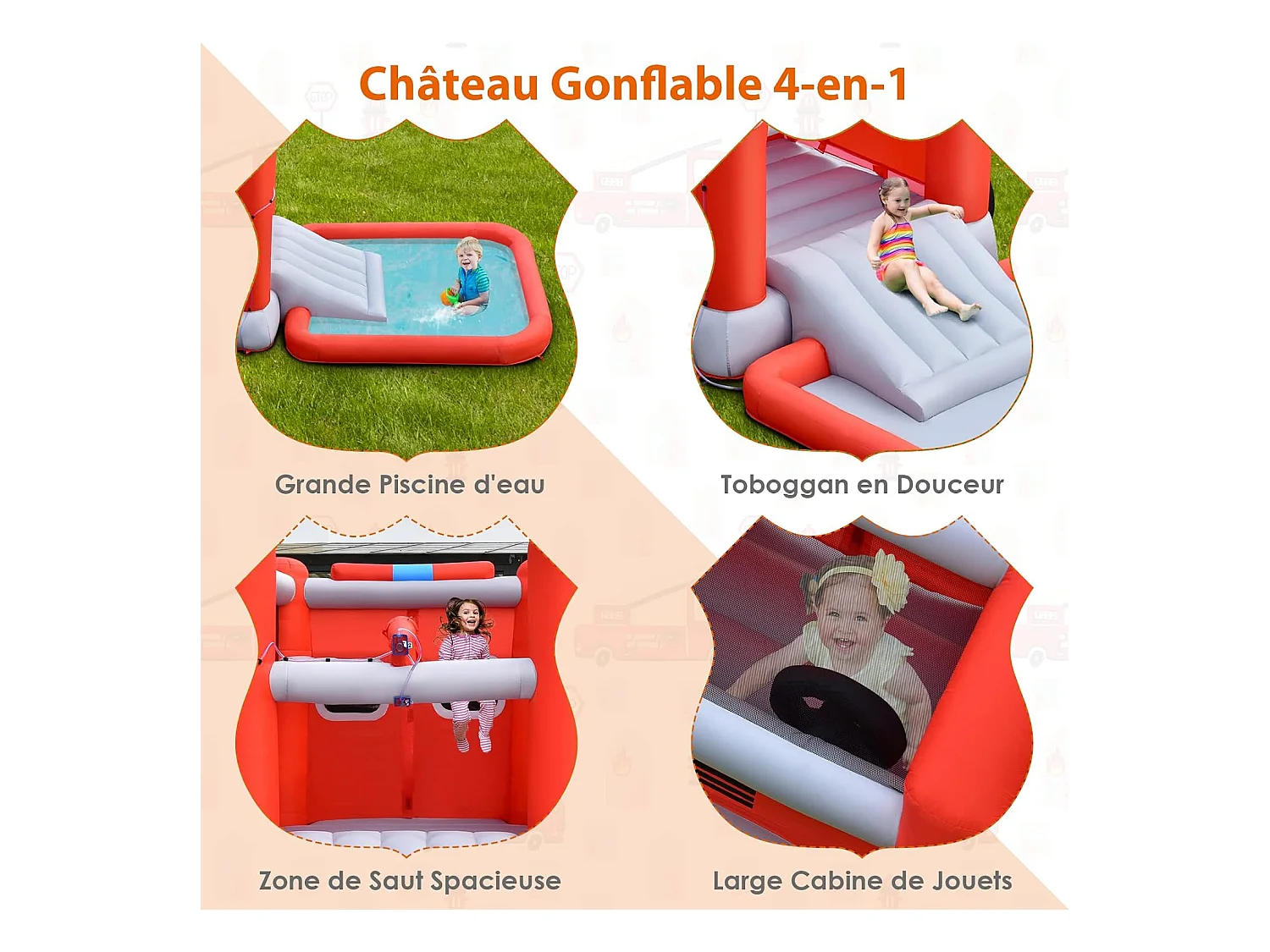 Toboggan Aquatique Gonflable pour Enfants sur Le Thème Voiture de Pompiers avec Piscine à Eclaboussures, Zone de Rebond,Ballon de Basket(sans Gonfleur)