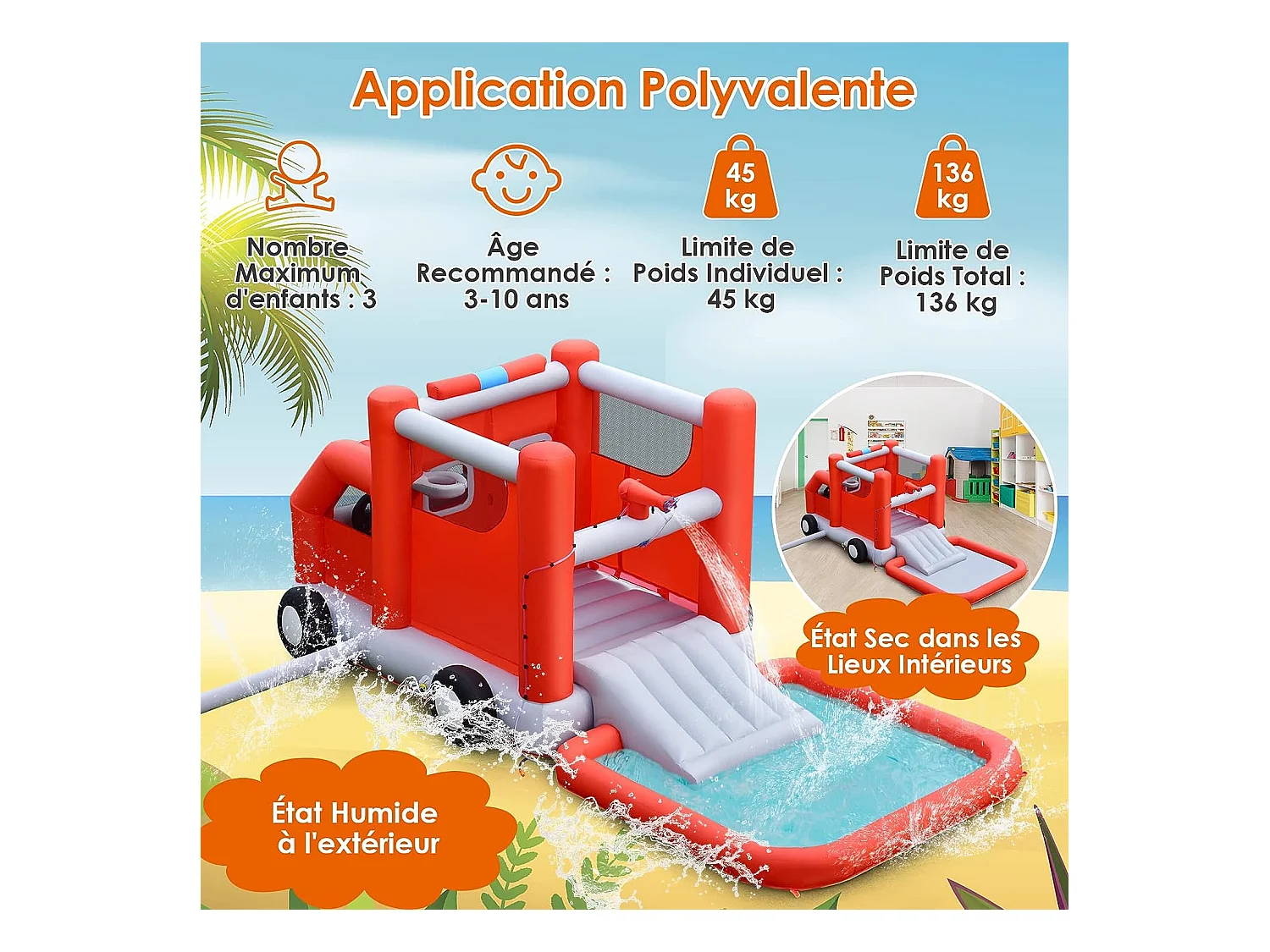 Toboggan Aquatique Gonflable pour Enfants sur Le Thème Voiture de Pompiers avec Piscine à Eclaboussures, Zone de Rebond,Ballon de Basket(sans Gonfleur)