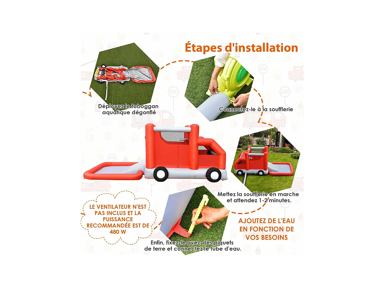 Toboggan Aquatique Gonflable pour Enfants sur Le Thème Voiture de Pompiers avec Piscine à Eclaboussures, Zone de Rebond,Ballon de Basket(sans Gonfleur)