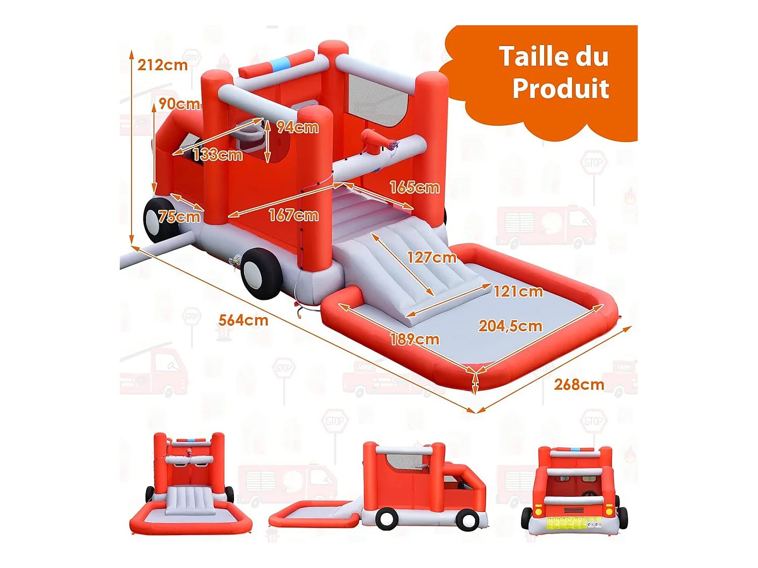 Toboggan Aquatique Gonflable pour Enfants sur Le Thème Voiture de Pompiers avec Piscine à Eclaboussures, Zone de Rebond,Ballon de Basket(sans Gonfleur)