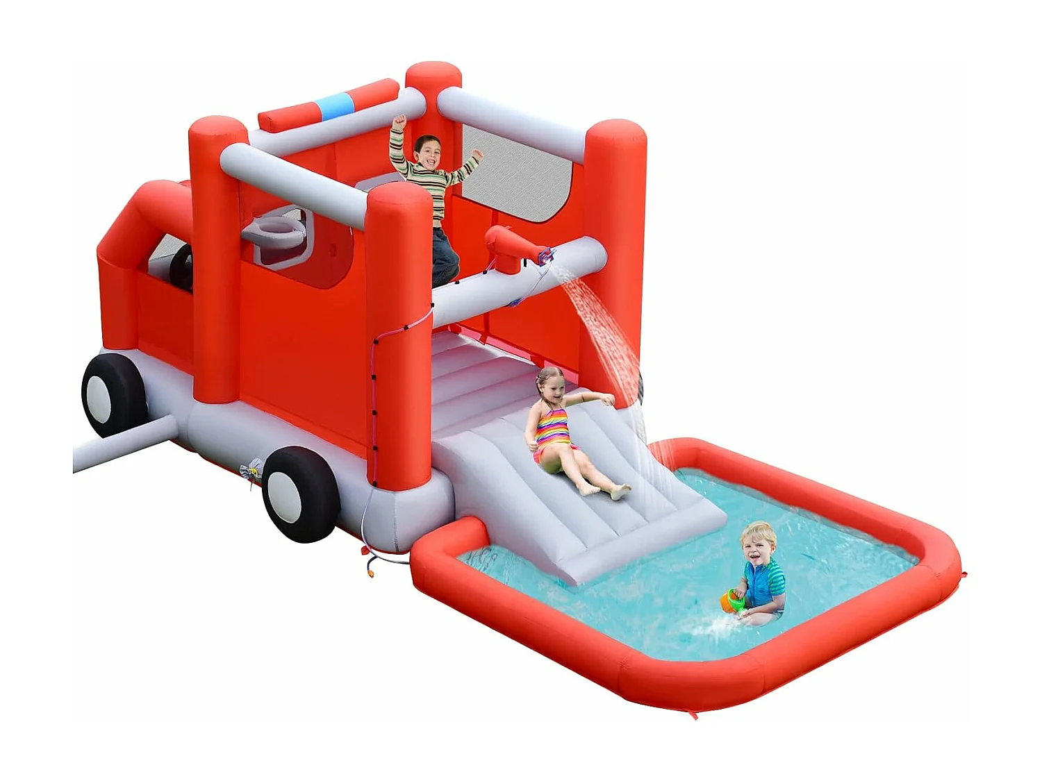 Toboggan Aquatique Gonflable pour Enfants sur Le Thème Voiture de Pompiers avec Piscine à Eclaboussures, Zone de Rebond,Ballon de Basket（sans Gonfleur)