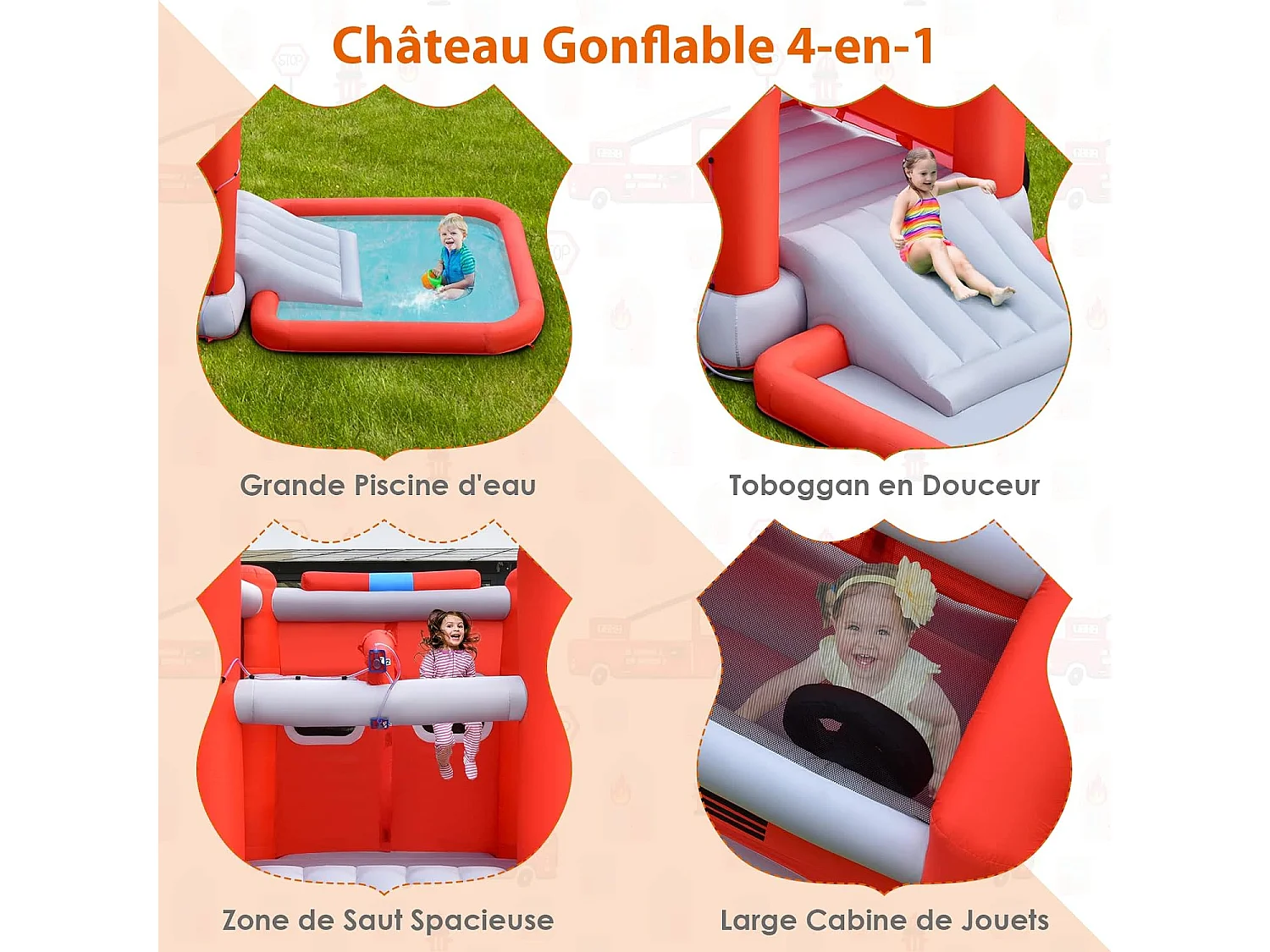 Toboggan Aquatique Gonflable pour Enfants sur Le Thème Voiture de Pompiers avec Piscine à Eclaboussures, Zone de Rebond,Ballon de Basket（sans Gonfleur)