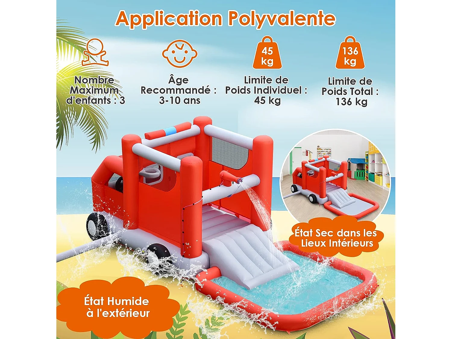 Toboggan Aquatique Gonflable pour Enfants sur Le Thème Voiture de Pompiers avec Piscine à Eclaboussures, Zone de Rebond,Ballon de Basket（sans Gonfleur)