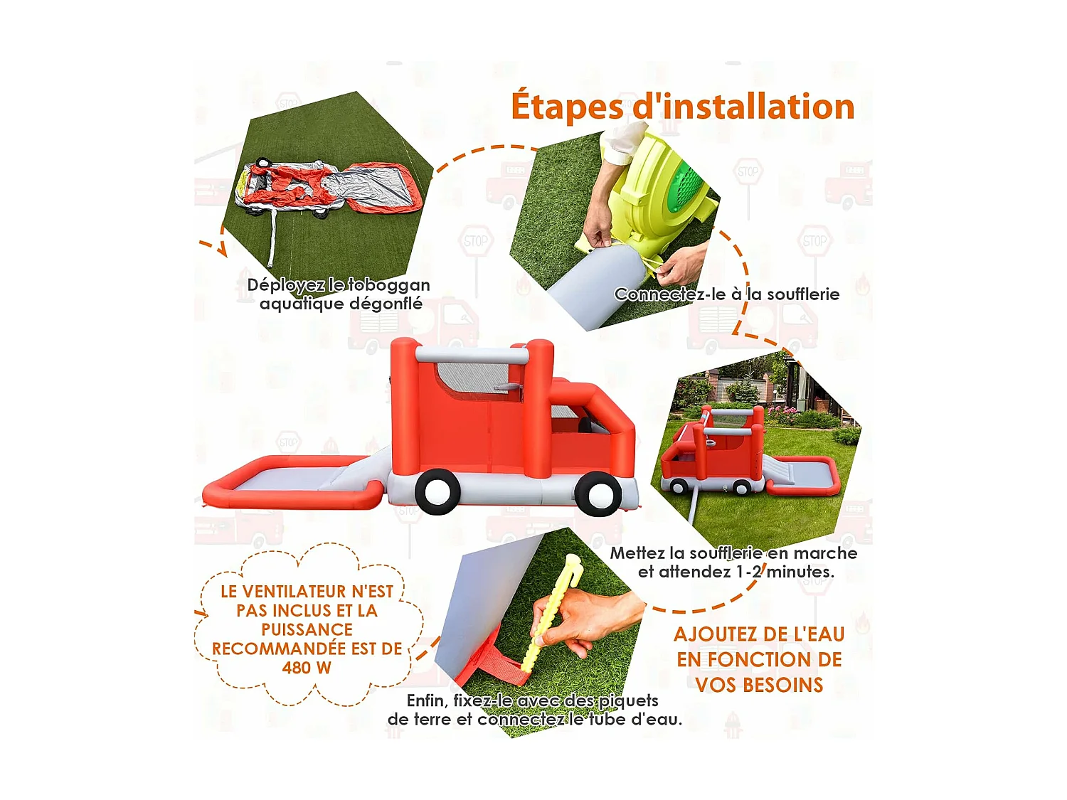 Toboggan Aquatique Gonflable pour Enfants sur Le Thème Voiture de Pompiers avec Piscine à Eclaboussures, Zone de Rebond,Ballon de Basket（sans Gonfleur)