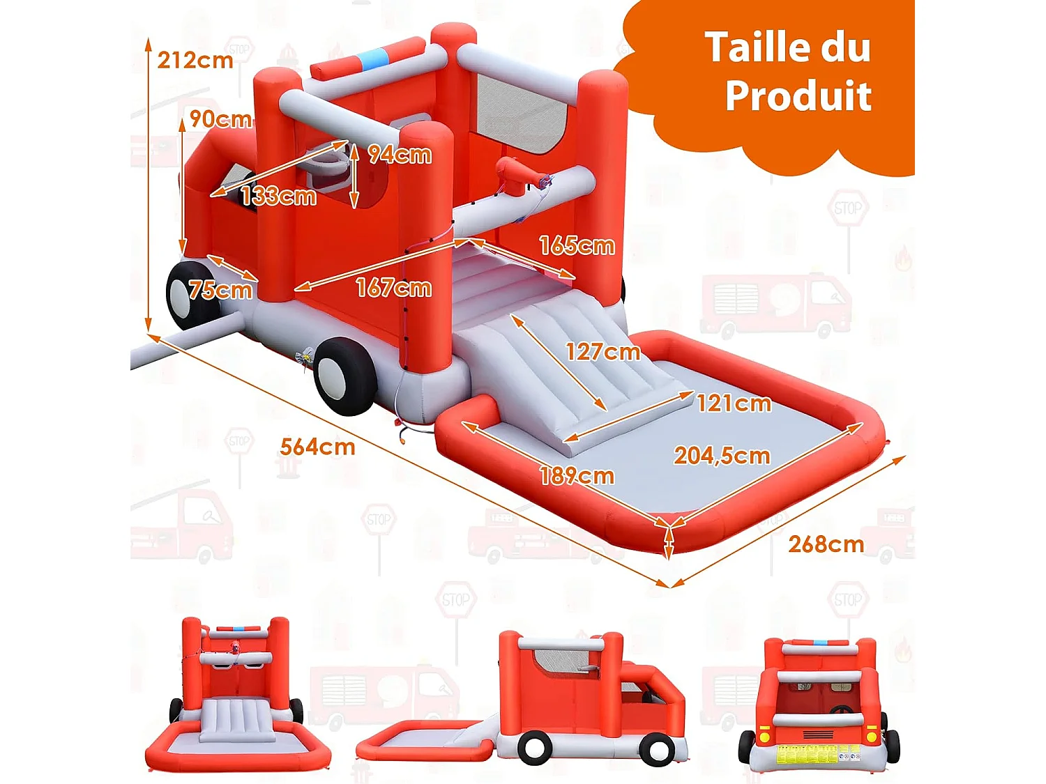Toboggan Aquatique Gonflable pour Enfants sur Le Thème Voiture de Pompiers avec Piscine à Eclaboussures, Zone de Rebond,Ballon de Basket（sans Gonfleur)