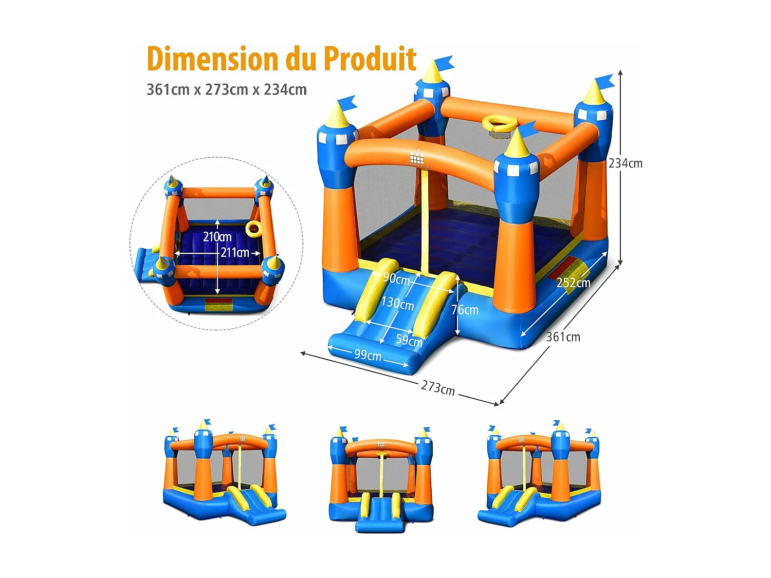 Château gonflable avec trampoline, toboggan et panier de basket-ball, pour enfants 361 x 273 x 237 cm