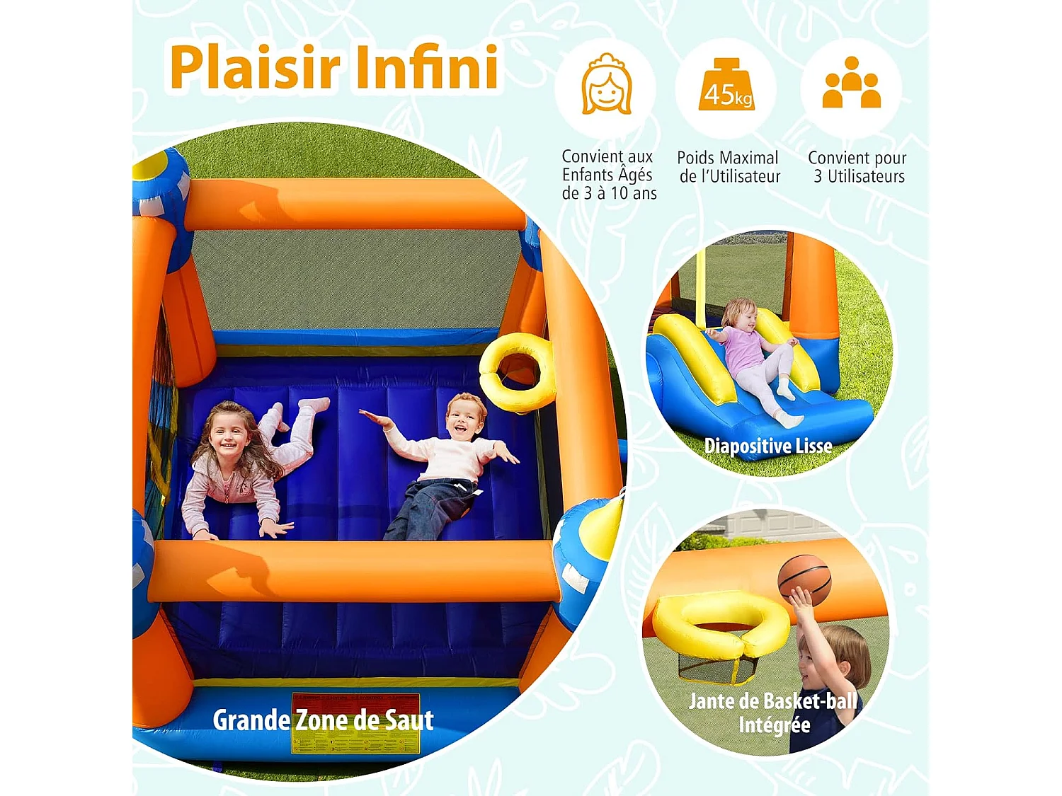 Château gonflable avec trampoline, toboggan et panier de basket-ball, pour enfants 361 x 273 x 237 cm