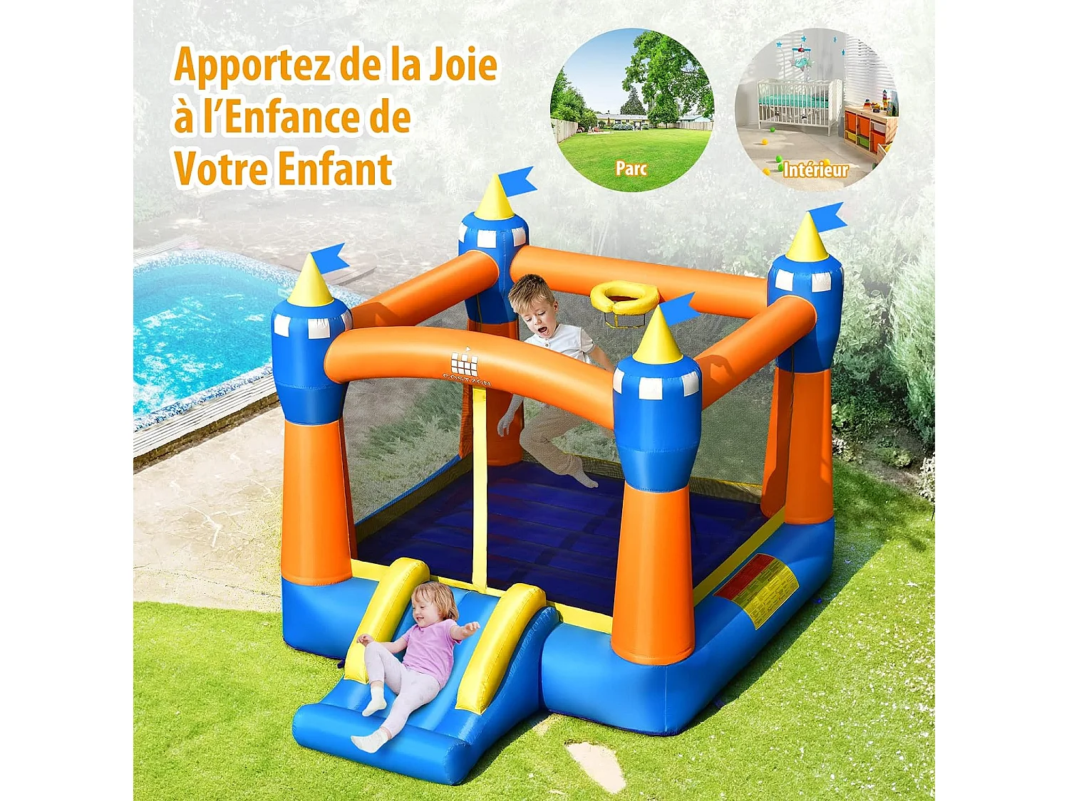 Château gonflable avec trampoline, toboggan et panier de basket-ball, pour enfants 361 x 273 x 237 cm