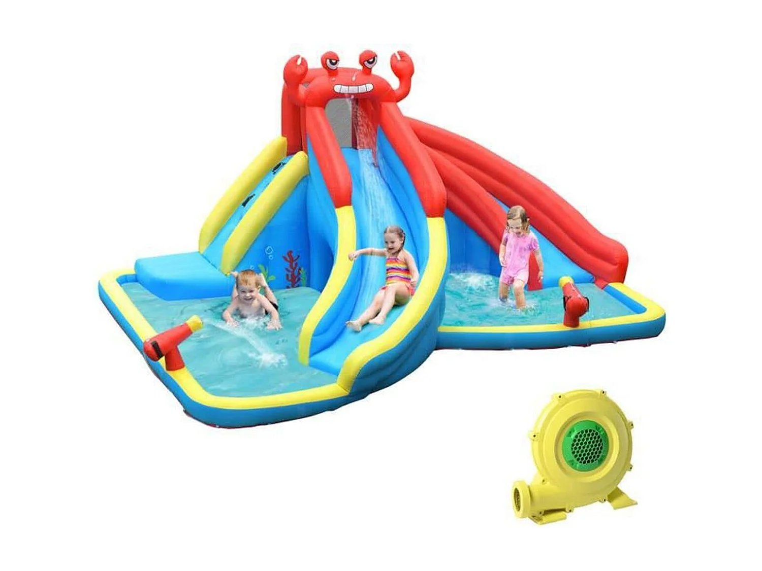 Aire de Jeux Gonflable avec 2 Toboggans, 2 Pataugeoires, 2 Canons Sac, Kit de Réparation Formes de Crabe avec Souffleur 680W