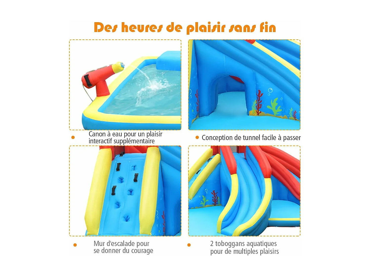 Aire de Jeux Gonflable avec 2 Toboggans, 2 Pataugeoires, 2 Canons Sac, Kit de Réparation Formes de Crabe avec Souffleur 680W