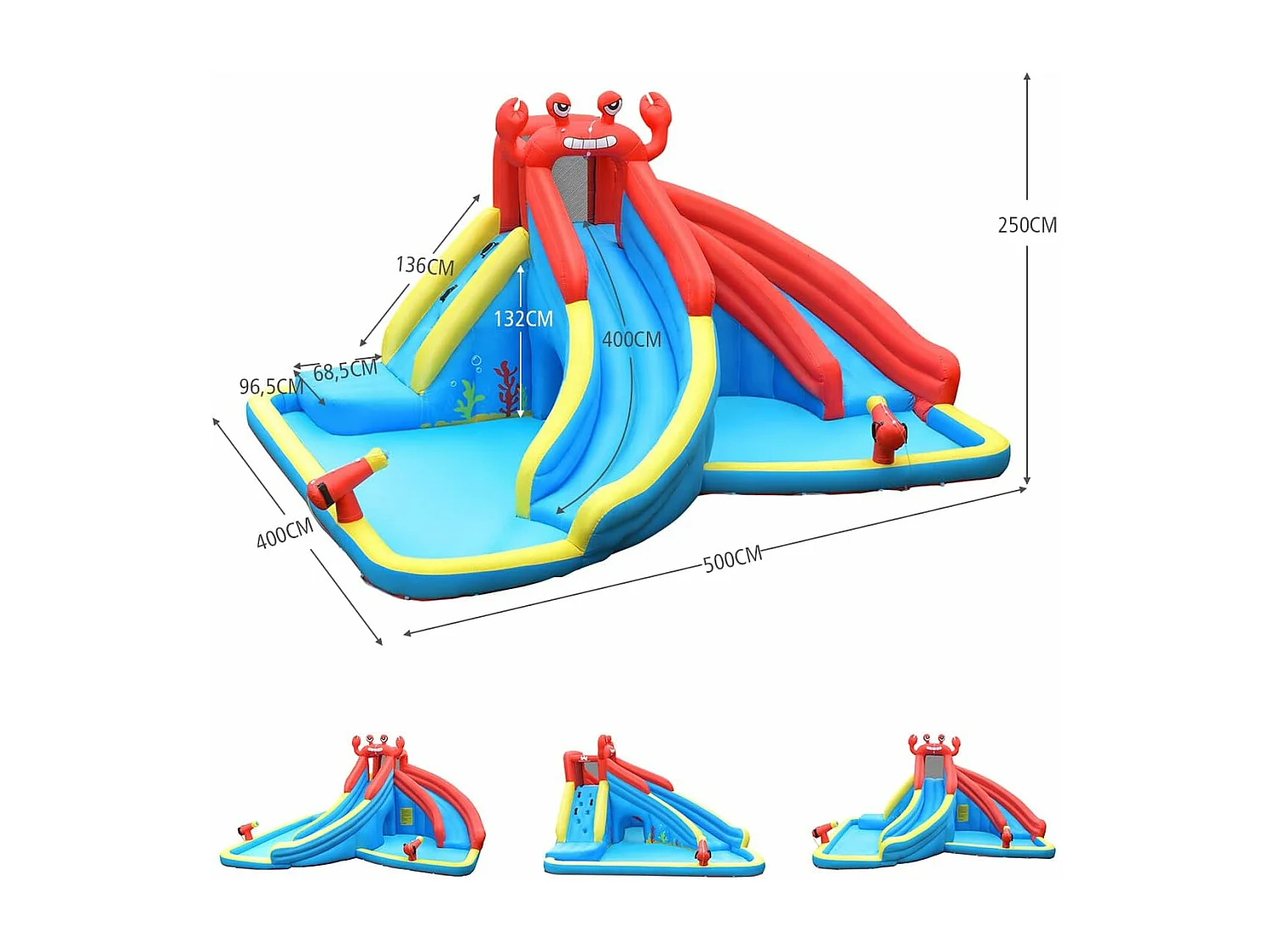 Aire de Jeux Gonflable avec 2 Toboggans, 2 Pataugeoires, 2 Canons Sac, Kit de Réparation Formes de Crabe avec Souffleur 680W