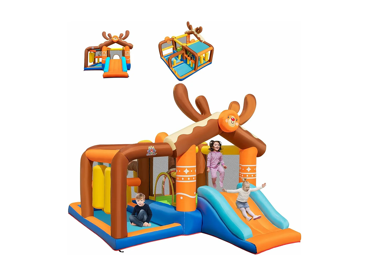 Château gonflable avec toboggan pour enfants 3-12 ans thème renne, 10 piquets pour cour pelouse