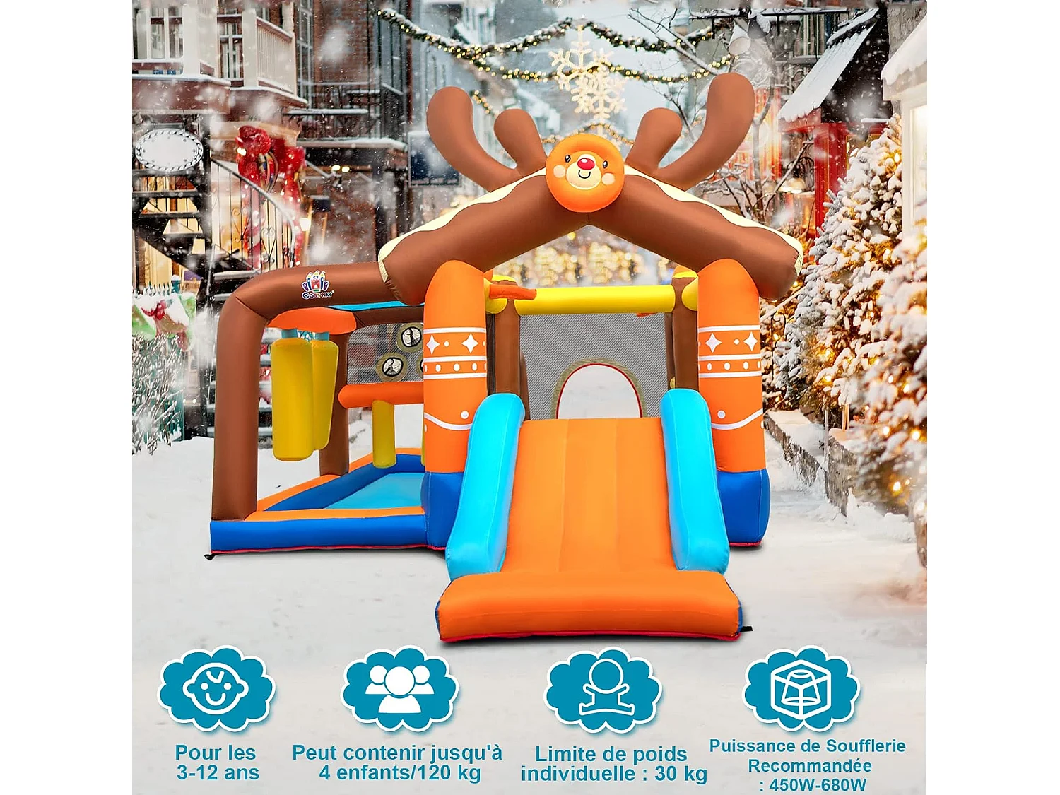 Château gonflable avec toboggan pour enfants 3-12 ans thème renne, 10 piquets pour cour pelouse