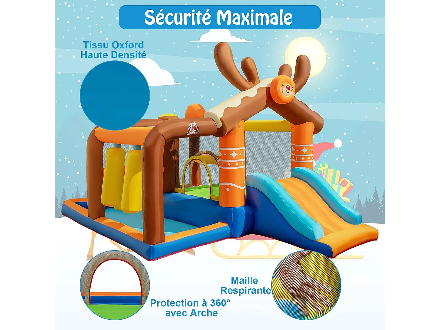 Château gonflable avec toboggan pour enfants 3-12 ans thème renne, 10 piquets pour cour pelouse