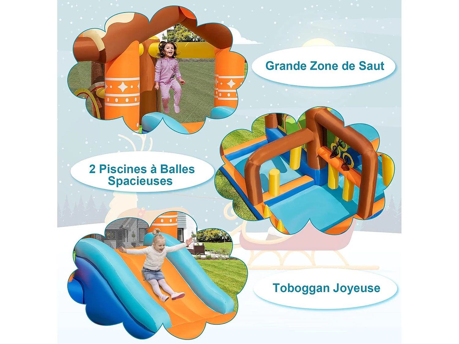 Château gonflable avec toboggan pour enfants 3-12 ans thème renne, 10 piquets pour cour pelouse