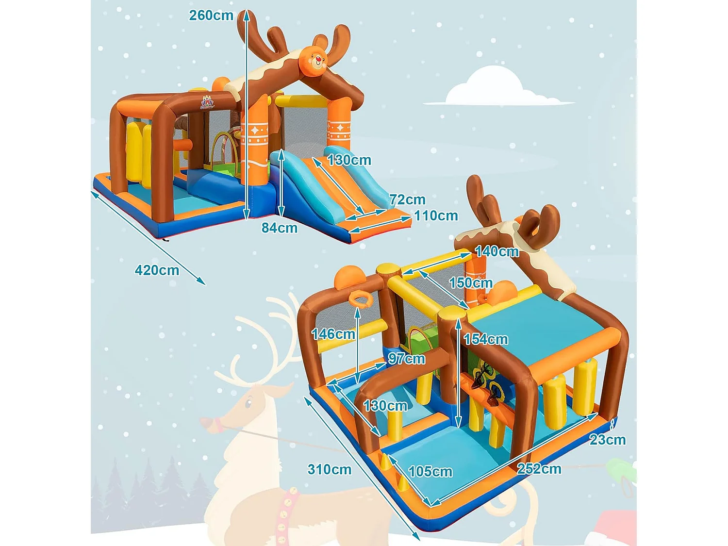 Château gonflable avec toboggan pour enfants 3-12 ans thème renne, 10 piquets pour cour pelouse