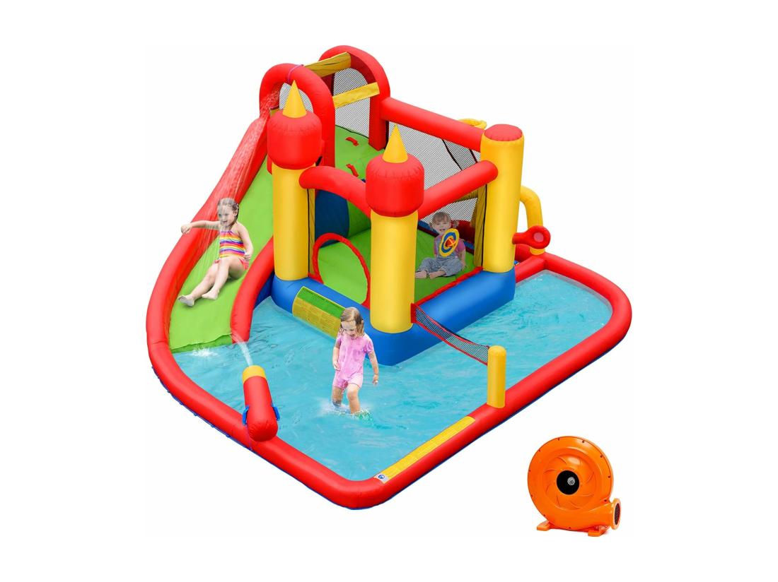 vente unique Château Gonflable avec Souffleur 610W Toboggan Aquatique Pataugeoire Cercle de Basket Sac Kit de Réparation 30 Ballons
