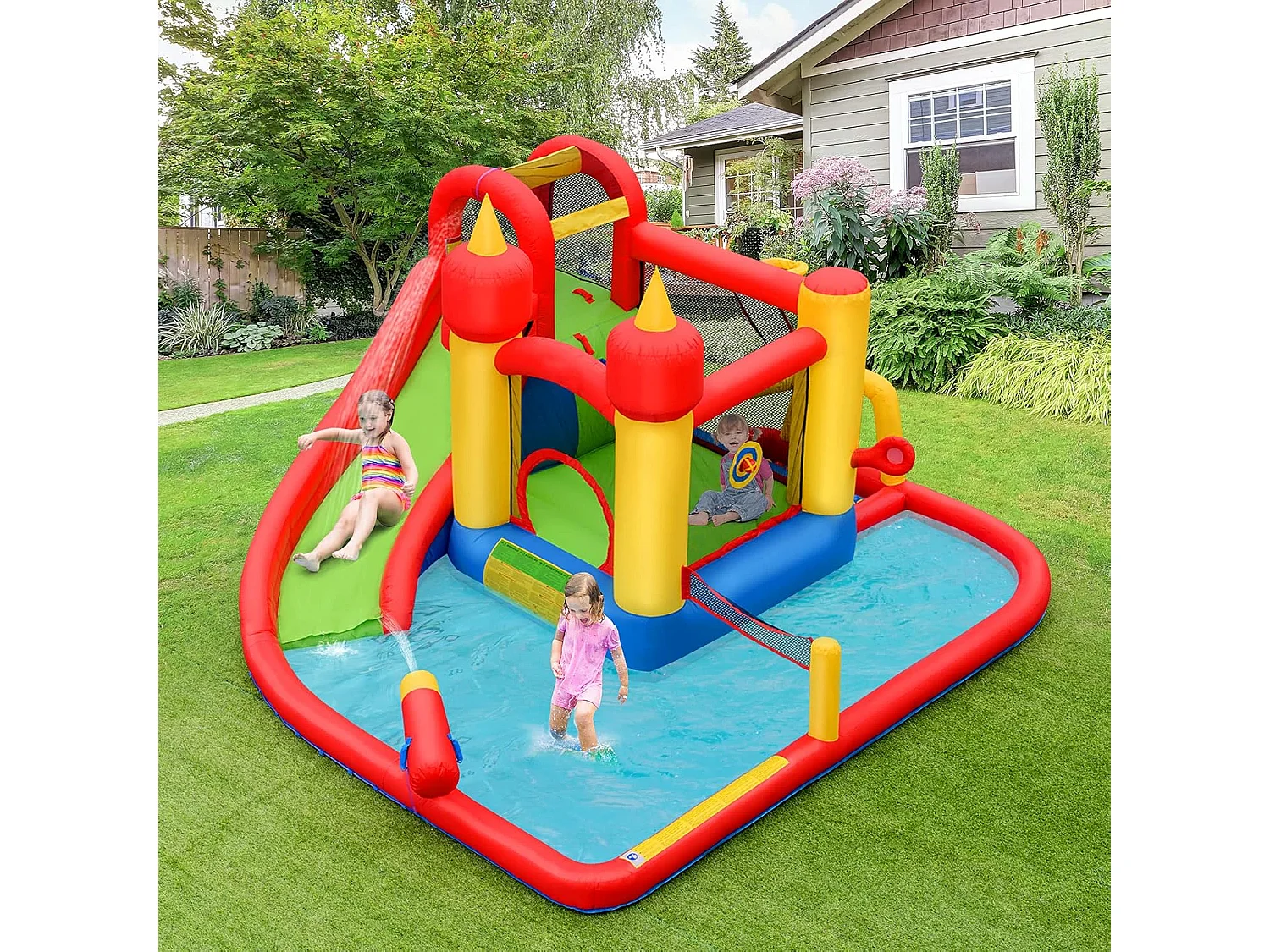 Château Gonflable avec Souffleur 610W Toboggan Aquatique Pataugeoire Cercle de Basket Sac Kit de Réparation 30 Ballons