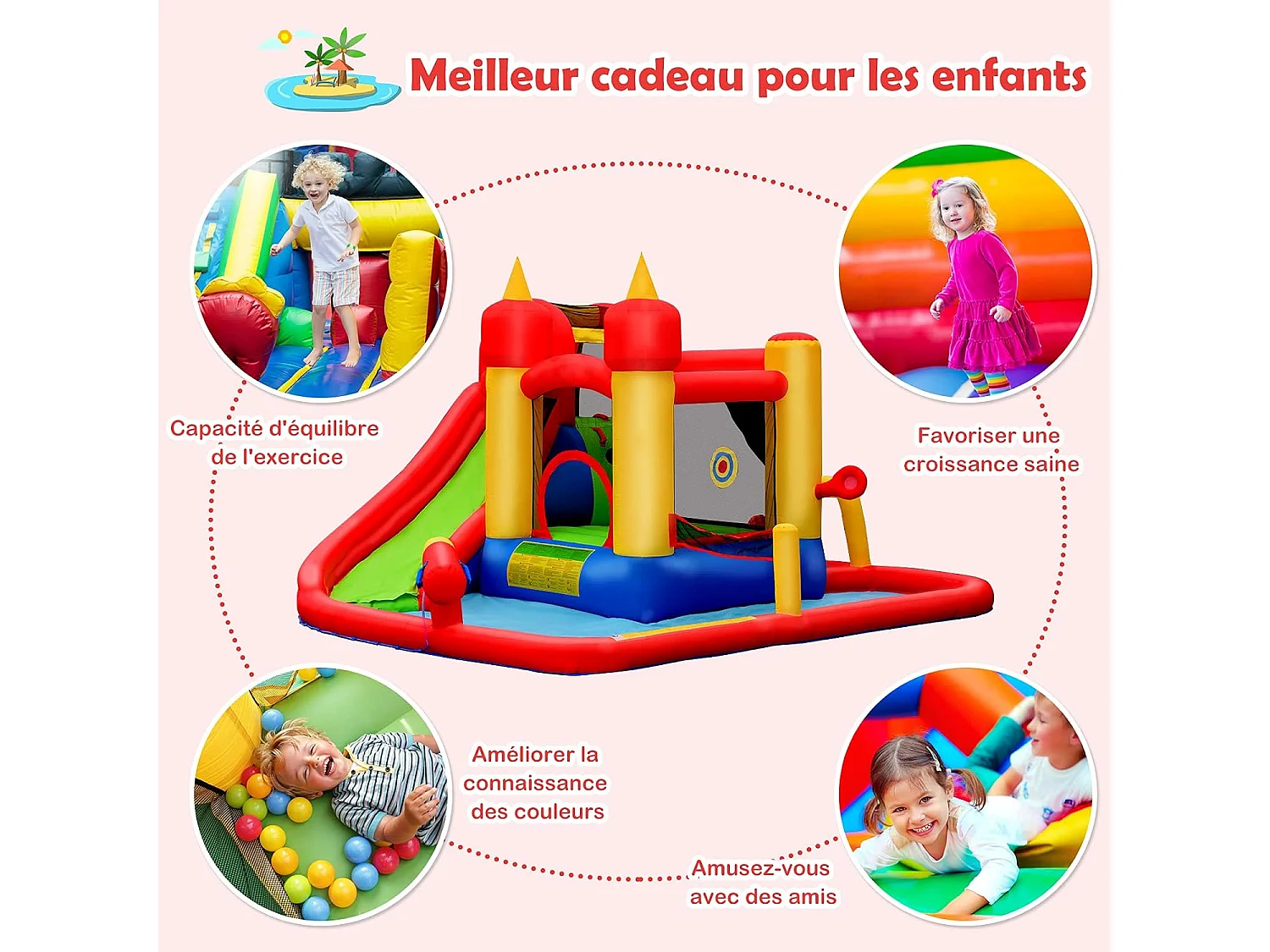 Château Gonflable avec Souffleur 610W Toboggan Aquatique Pataugeoire Cercle de Basket Sac Kit de Réparation 30 Ballons