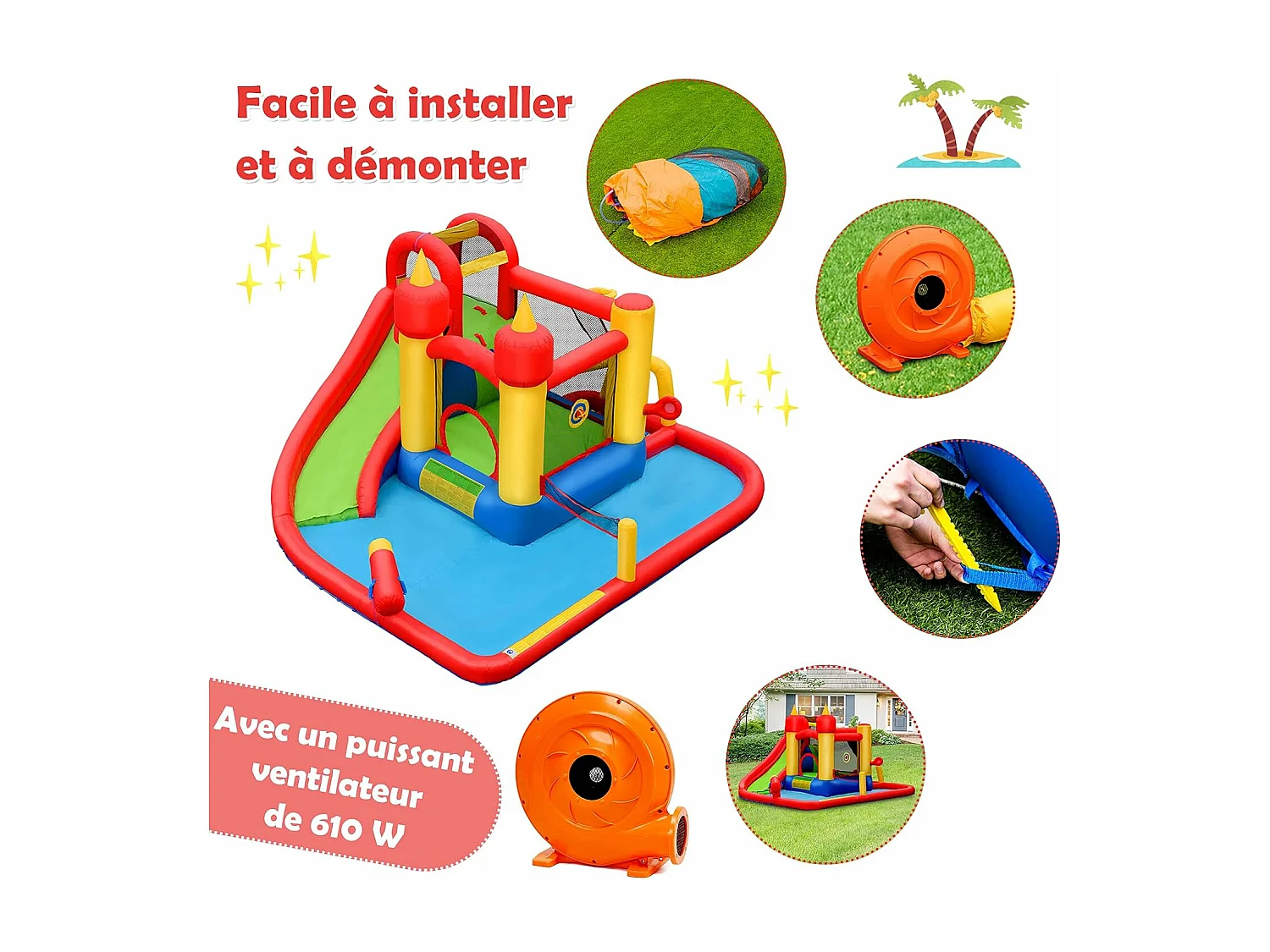 Château Gonflable avec Souffleur 610W Toboggan Aquatique Pataugeoire Cercle de Basket Sac Kit de Réparation 30 Ballons