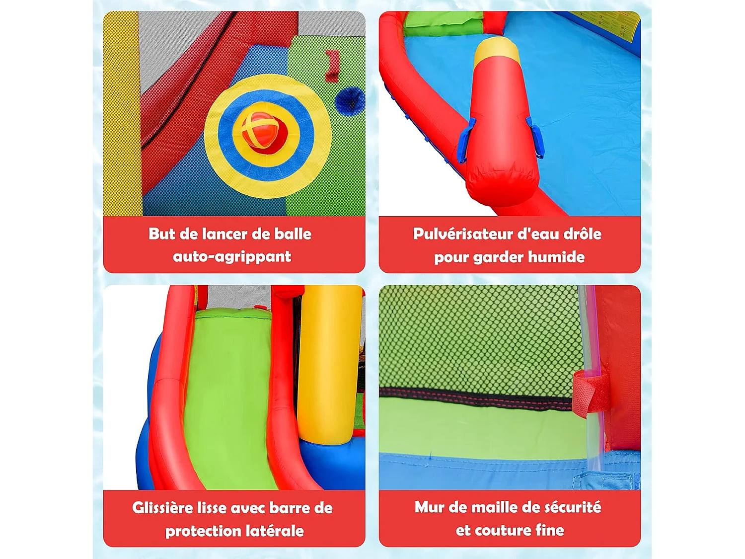 Château Gonflable avec Souffleur 610W Toboggan Aquatique Pataugeoire Cercle de Basket Sac Kit de Réparation 30 Ballons